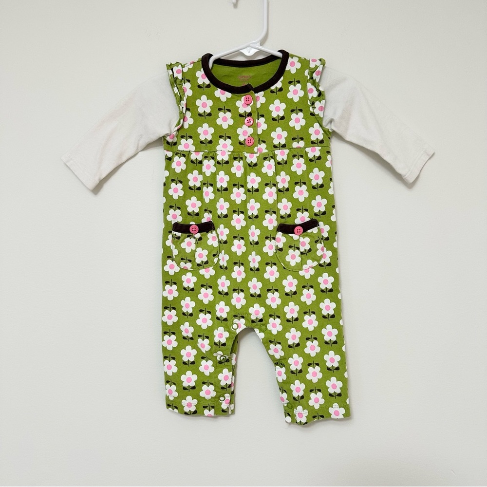 Carter's Retro Floral Daisy Print Long Romper Spring Green Pink White 6 months